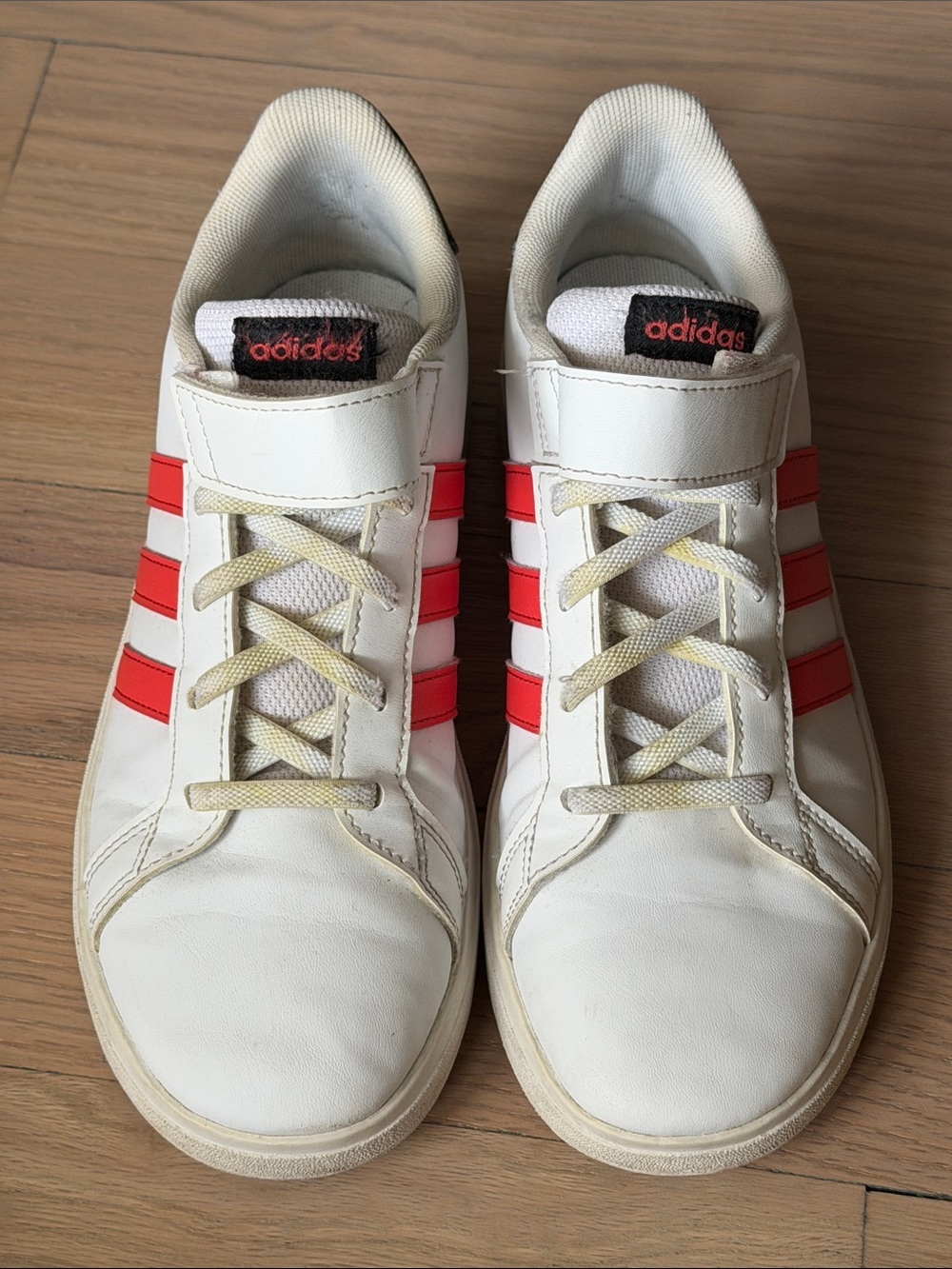 Adidas Kids White Sneakers with Red Stripes